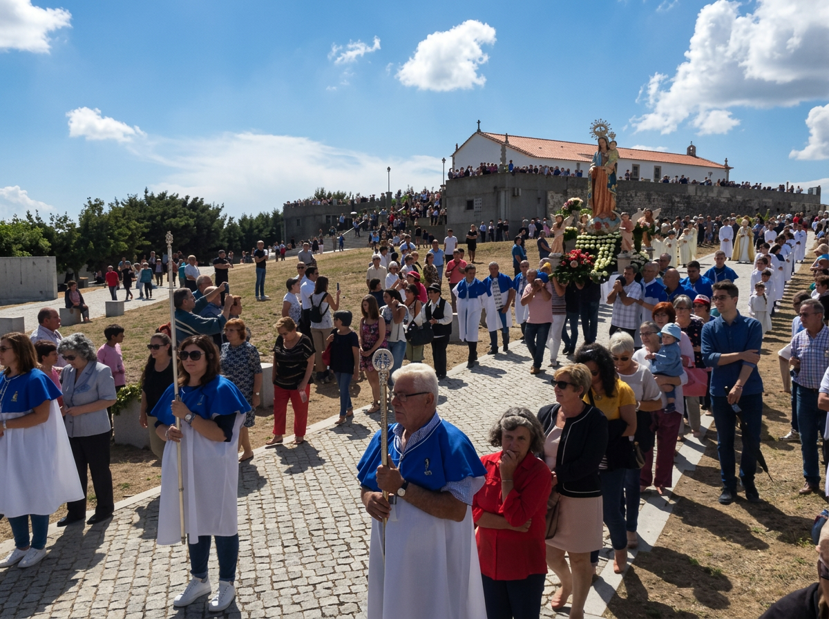 Procissão diocesana com fiéis junto a um santuário na Diocese de Bragança-Miranda